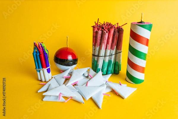 Obraz  Composition of a variety of festive pyrotechnics, including rockets, a sphere, and triangular firecrackers, on a vibrant yellow background.