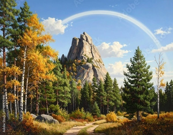 Fototapeta A picturesque autumnal landscape showcases a path winding through a forest, leading to a majestic granite peak under a vibrant blue sky adorned with a faint rainbow.