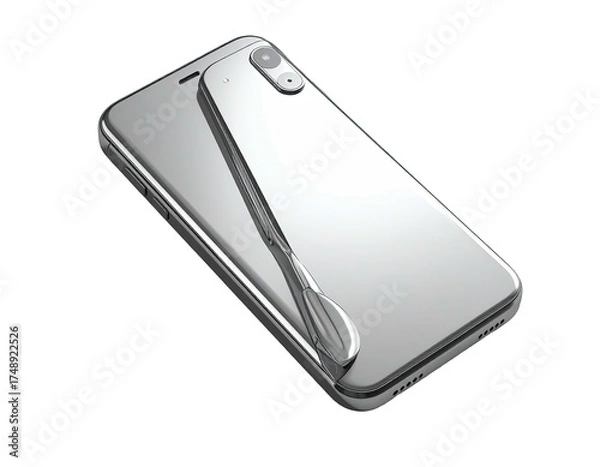 Obraz Silver-toned, modern smartphones are stacked on a black surface, angled shot