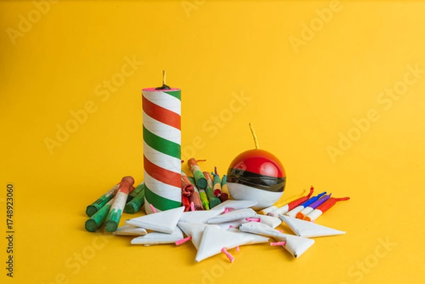 Fototapeta  Composition of a variety of festive pyrotechnics, including rockets, a sphere, and triangular firecrackers, on a vibrant yellow background.