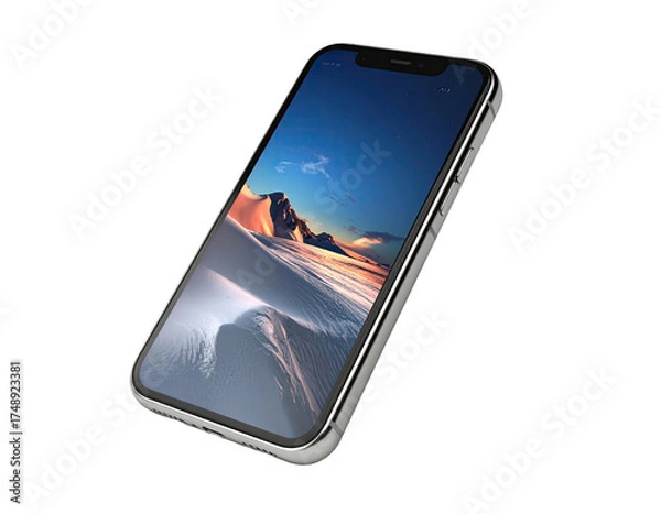 Obraz Angled smartphone displays landscape of snowy mountains, isolated on black