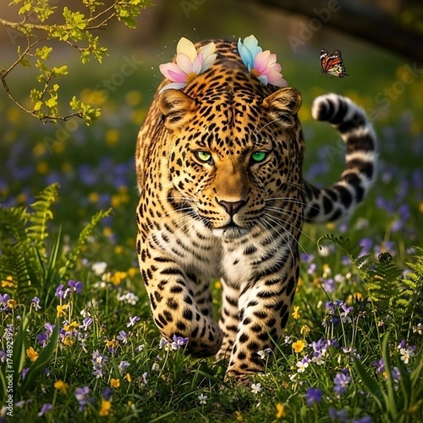 Fototapeta Leopard in a Meadow with Flowers and Butterfly.