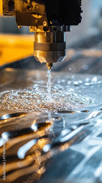 Fototapeta Close-up of white, gold, and silver CNC machining with water jet cutting, highlighting precision, innovation, industrial craftsmanship, and sustainable modern manufacturing.
