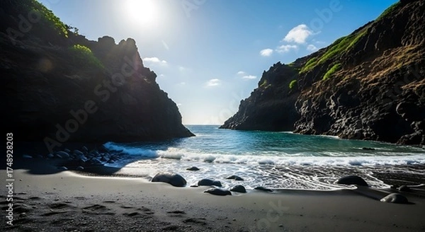 Fototapeta Secluded Beach Cove - Tranquil Waters and Rocky Cliffs.