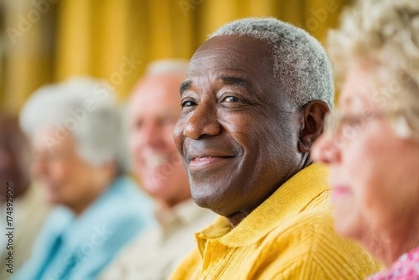 Fototapeta Elders celebrating recognition ceremony community hall group photo joyful atmosphere close-up view togetherness