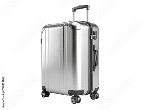 Obraz A shiny, silver wheeled suitcase angled slightly, against a deep black background
