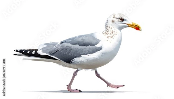 Fototapeta A side view of a seagull in profile, showcasing its detailed plumage and graceful gait against a plain white background.