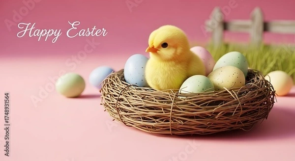 Fototapeta Easter Nest with Chick and Eggs - A Celebration of Spring.