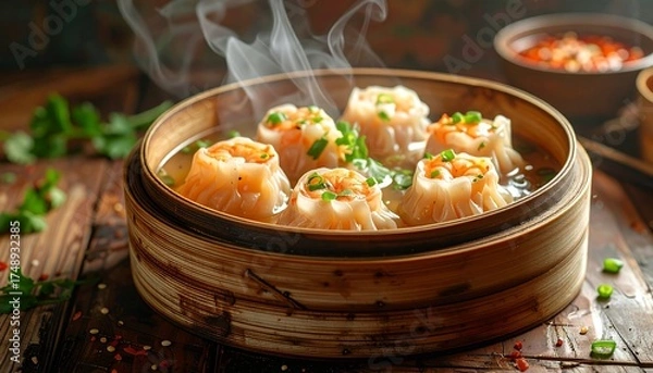 Fototapeta Steaming shrimp dumplings, a delicious dish in a traditional bamboo steamer, presented with a warm, inviting atmosphere.