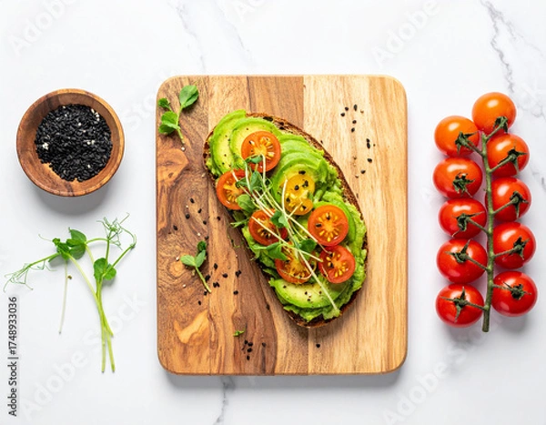Obraz Gourmet avocado toast on a rustic wooden cutting board