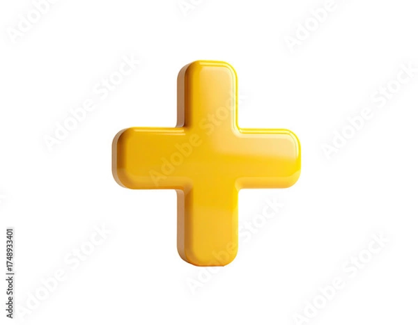 Fototapeta Shiny, golden plus sign floats against a stark black background