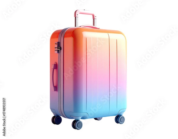 Fototapeta A glossy suitcase in gradient hues, ready for travel, against a stark black backdrop