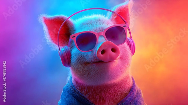 Fototapeta Portrait of a pink pig wearing red sunglasses and headphones against vivid neon gradient background