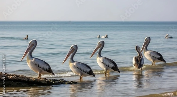 Obraz Pelicans on the Shoreline - A Serene Coastal Scene.