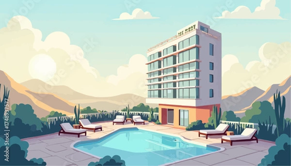 Fototapeta Modern Building with Pool and Lounge Chairs in Mountain Landscape