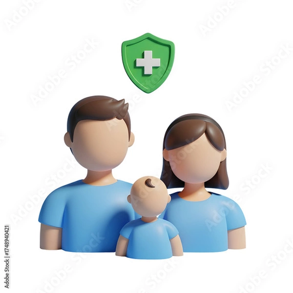 Fototapeta 3D rendering of a family with health insurance protected by a shield concept for healthcare and financial secu