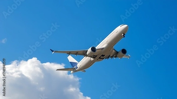 Obraz Commercial airliner ascending through clouds against blue sky, aviation.