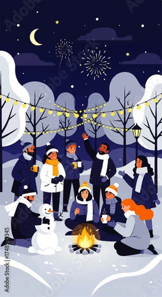 Fototapeta Friends Celebrate Winter Holiday with Bonfire and Fireworks.