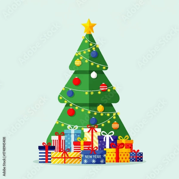 Fototapeta Festive Christmas Tree with Wrapped Presents.