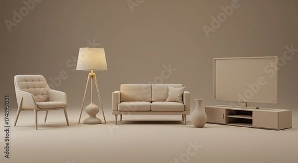 Fototapeta Elegant monochromatic living room scene with cozy chair, modern sofa, and sleek TV for a relaxing and stylish home interior design concept