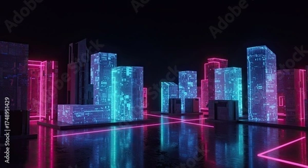 Fototapeta Step into the future with this stunning neon cityscape, perfect for tech brands, futuristic concepts, and modern design projects that need a vibrant edge