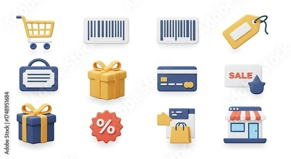 Fototapeta Elevate your e-commerce visuals with these vibrant 3D shopping icons perfect for modern web design, app interfaces, and engaging marketing campaigns