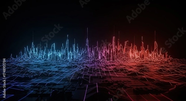 Fototapeta Stunning neon cityscape with vibrant blue and red gradients illuminating the skyline, perfect for futuristic designs or modern technology projects