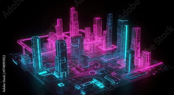 Fototapeta Stunning futuristic city skyline glows with vibrant neon lights, perfect for tech, gaming, or modern architecture concepts that need a cutting-edge visual
