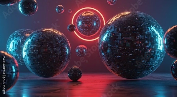 Fototapeta Futuristic spheres glow in neon light, perfect for modern tech, gaming, or sci-fi designs offering a dynamic and visually stunning background