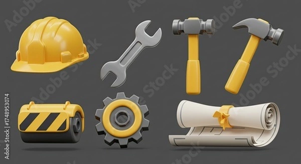 Fototapeta Construction tools and blueprint for professional builders, architects, and contractors create stunning structures with safety and precision equipment