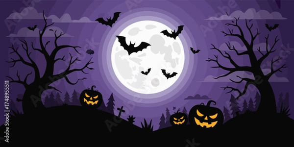 Fototapeta A Halloween scene with a full moon bats trees pumpkins  a spooky purple background