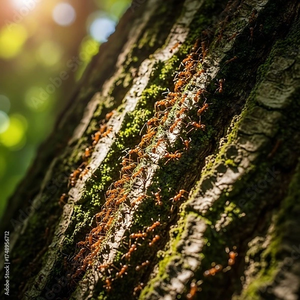 Fototapeta Ants on a tree trunk covered in moss in a forest.