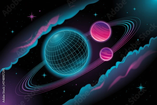 Fototapeta A digital illustration of planets and stars in a colorful space scene