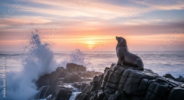 Obraz sunset over the ocean with sea lion