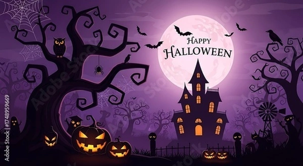 Fototapeta Spooky Halloween night with glowing jack-o-lanterns, bats, and haunted house under full moon makes a fun, festive, and eerie holiday backdrop