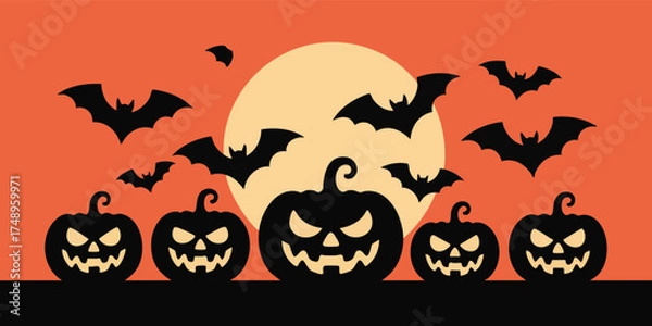 Fototapeta Silhouetted pumpkins bats and a moon create a Halloween scene on an orange background