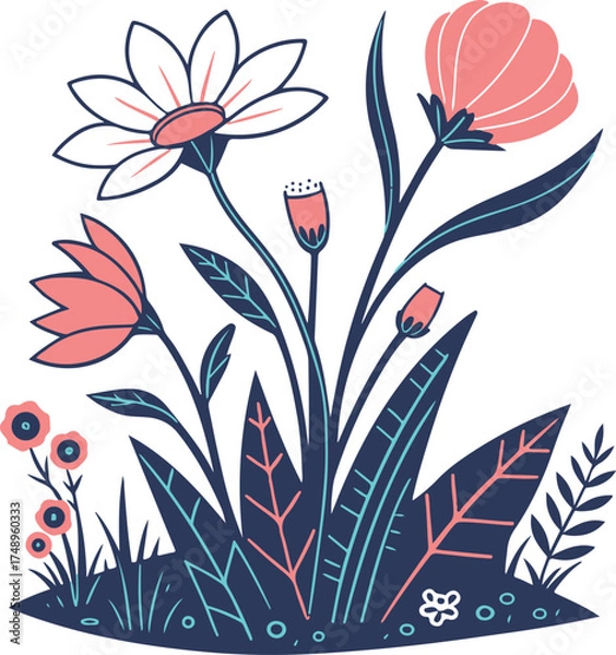 Obraz Modern Botanical Illustration with Colorful Wildflowers and Leaves