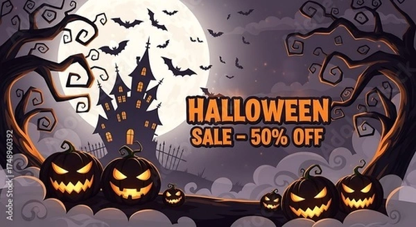 Fototapeta Spooky Halloween Sale at 50% Off with Jack-O'-Lanterns, Haunted House, Bats, and Full Moon for a Frightfully Fun Holiday Promotion