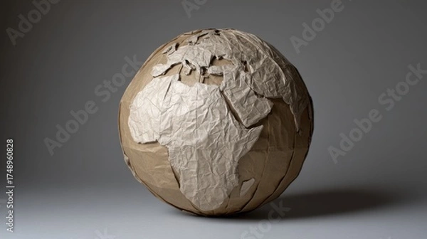 Fototapeta Artistic Representation of Earth Made from Crumpled Brown Paper with Detailing of Continents and Oceans