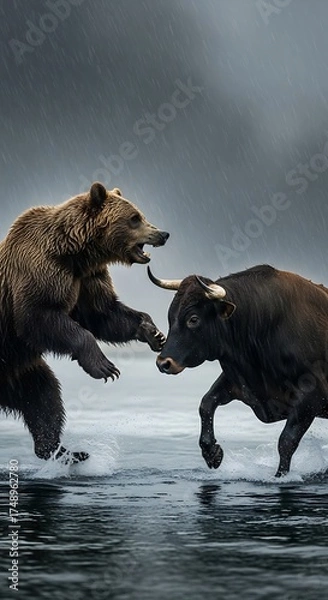 Fototapeta Bear and Bull Confrontation - A Battle of Market Forces.