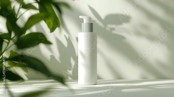 Fototapeta image of a simple white skin care bottle with soft plant shadows in the background size 