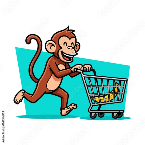 Obraz Energetic Cartoon Monkey Running with Shopping Cart of Bananas