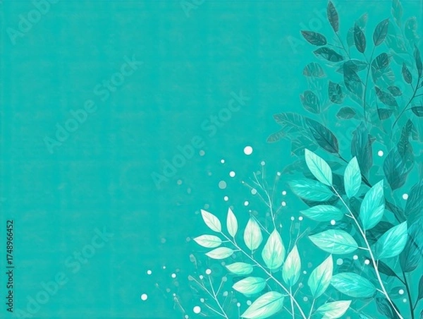 Fototapeta A vibrant and artistic illustration featuring an array of stylized leaves and delicate floral elements in various shades of green, blending harmoniously with a soothing turquoise background. The leave