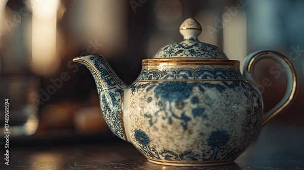 Fototapeta A beautifully detailed porcelain teapot with intricate blue floral patterns and gold accents, sitting on a rustic table. The teapot is elegantly shaped, featuring a rounded body, a delicate spout, and