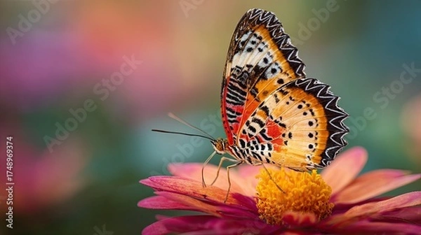 Fototapeta A vibrant butterfly perched delicately on a colorful flower, showcasing intricate patterns and vivid colors. The background is softly blurred with pastel hues, creating a dreamy atmosphere that enhanc