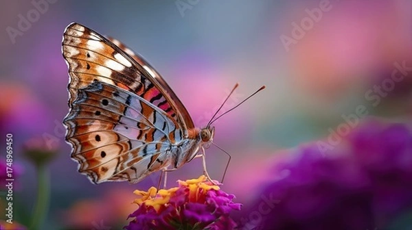 Fototapeta A vibrant close-up image of a butterfly perched on a colorful flower, showcasing its intricate wing patterns and colors. The background is softly blurred with hues of purple and pink, emphasizing the 