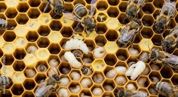 Fototapeta Honeycomb with Bees and Larvae - A Close-Up View of Bee Colony Life.