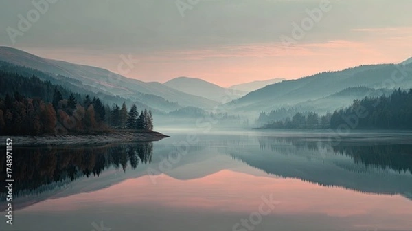 Fototapeta Serene landscape featuring a calm lake surrounded by rolling hills and forested mountains. The scene is bathed in soft pastel colors of dawn, with mist hovering over the water’s surface, enhancing the