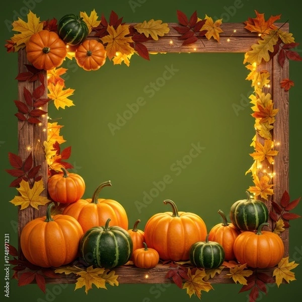 Fototapeta Autumn pumpkin border with fall leaves and twinkling lights against green background with empty space. Seasonal harvest frame for holiday sale banner or, social media post