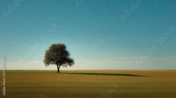 Fototapeta A solitary tree stands on an expansive green field under a clear blue sky, creating a tranquil and serene atmosphere. The tree casts a long shadow on the grass, highlighting its prominent position in 